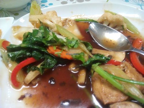 Halfway through our veg with black bean sauce (nice) at Inala Vegan Restaurant in Inala