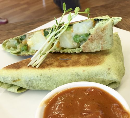Potato and spinach roti wrap with relish at The Dharma Hub in Frankston