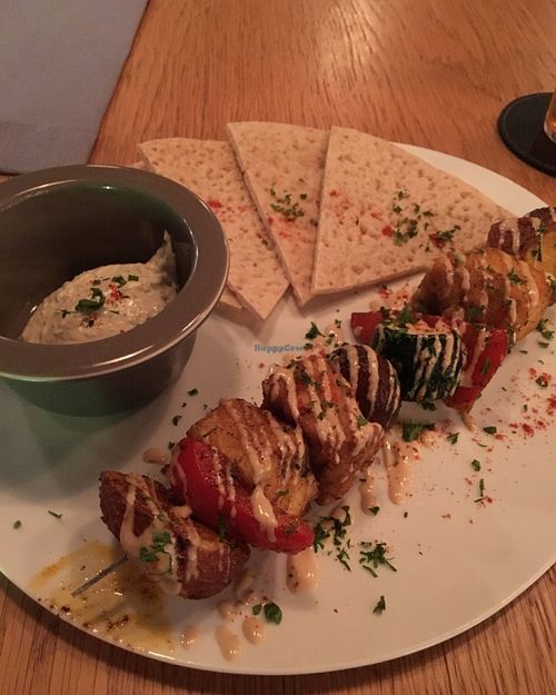 Tofu/Tempeh/Veggie kabob with pita bread and tzatziki. They call it souvlaki but that's not souvlaki like *I* know it, but maybe I'm just wrong! at 8ablish in Tokyo
