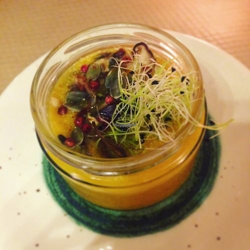 Velouté de butternut, châtaigne, lentins de chêne, jeunes pousses et baies roses at Le Potager de Charlotte in Paris