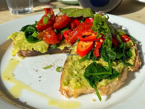 avocado toast with spinach, sundried tomatoes and chillies at Espresso Library in Cambridge