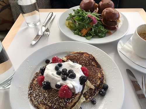 Lemon Poppyseed Pancakes & Sausage Sliders! at Little Pine in Los Angeles