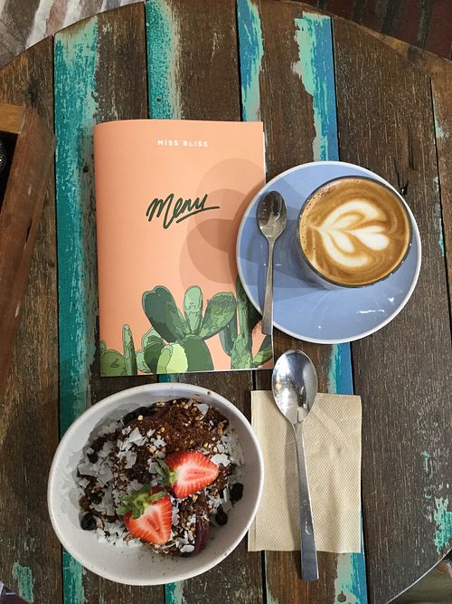 berry bliss + almond latte at Miss Bliss Wholefoods Kitchen in West End