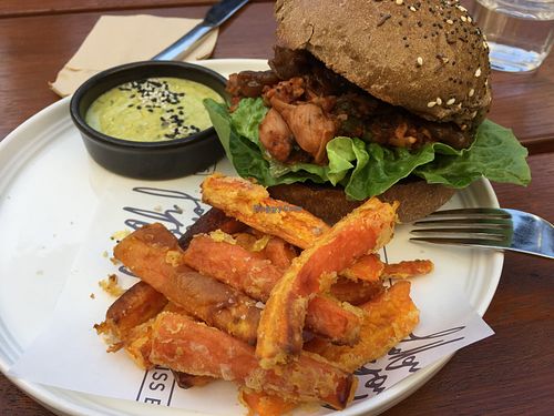 Pulled jackfruit burger at Miss Bliss Wholefoods Kitchen in West End
