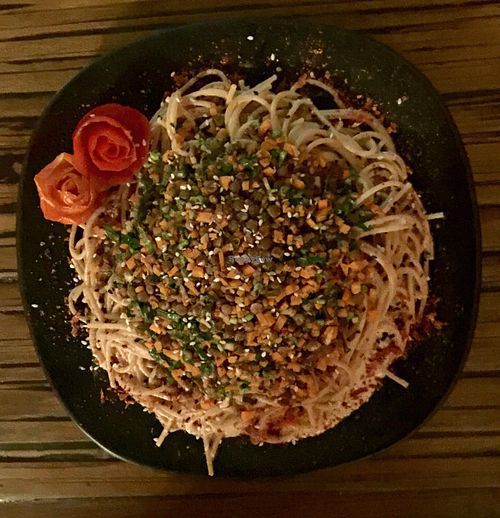 Combo power meal. Whole grain pasta topped with sesame creme sauce and lentil stir fry at Alice's Restaurant  in Chiang Mai
