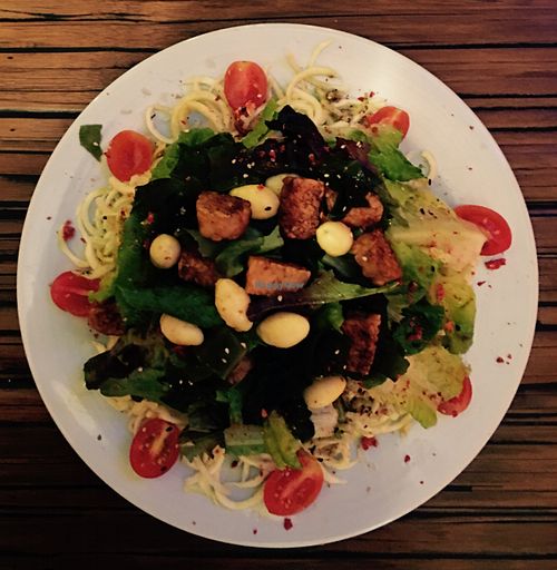 Super Salad, raw zucchini Spaghetti, Wakame Seaweed, Marinated Cooked Tempeh, Gingko Beans and Greens:-) at Alice's Restaurant  in Chiang Mai