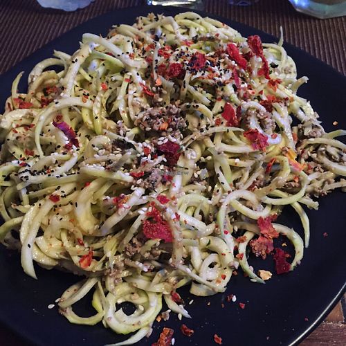 raw walnut pesto courgetti  at Alice's Restaurant  in Chiang Mai