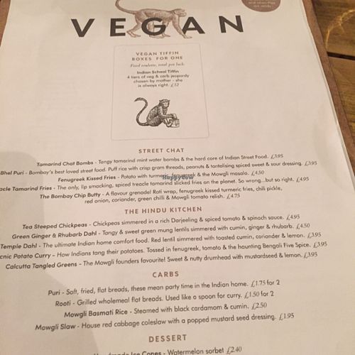 Vegan menu - just ask for it at Mowgli - Bold St in Liverpool
