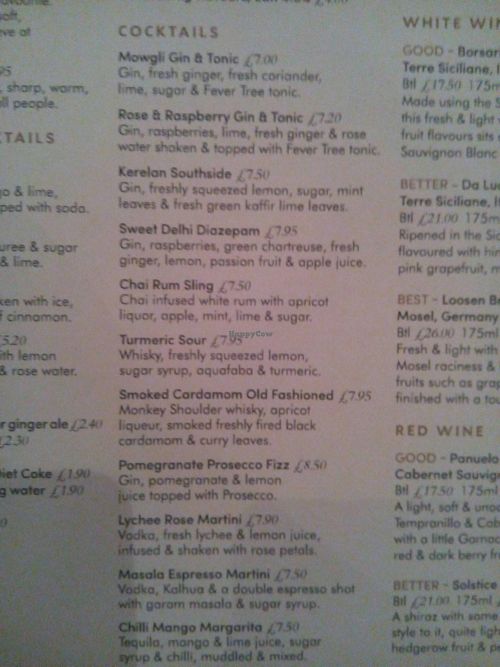 cocktail menu at Mowgli - Bold St in Liverpool