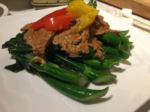 Chinese kale with vegan beef at Veg 6 in Hong Kong Island