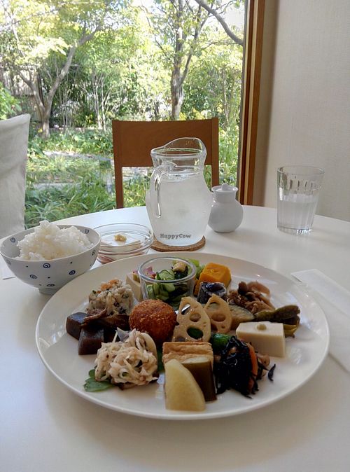 The Shyojin Ryori (temple vegetarian food) lunch set.

The cafe looks into a small garden and the ambiance is very nice. at Momi Cafe in Kyoto