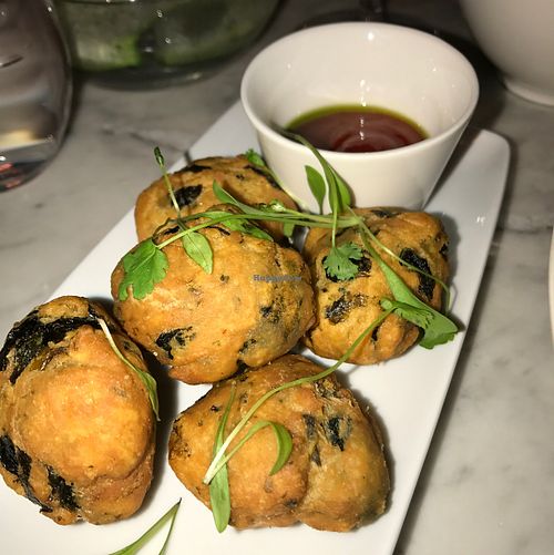 smoked seaweed Dumplings, chilli and parsley sauce at 1847 Bristol in Bristol