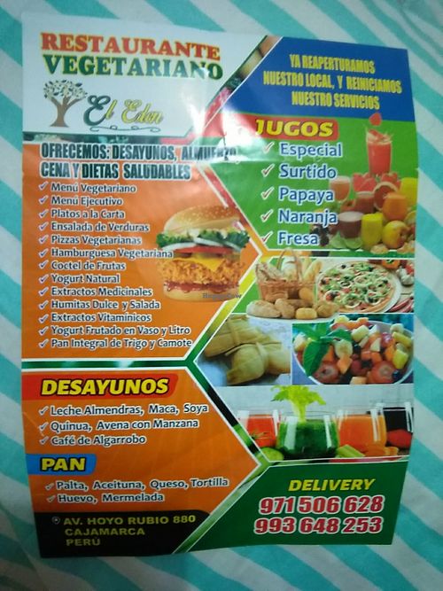 Flyer from the restaurant May 2020 at Restaurante Vegetariano El Eden in Cajamarca
