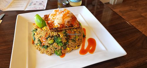 organic fried quinoa with baked tofu and vegetables. at GreenFare Organic Cafe in Herndon