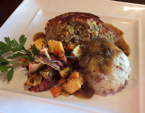 Organic Polenta Lentil Loaf with root vegetables at GreenFare Organic Cafe in Herndon