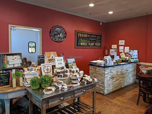Books and organic whole plant muffins at GreenFare Organic Cafe in Herndon