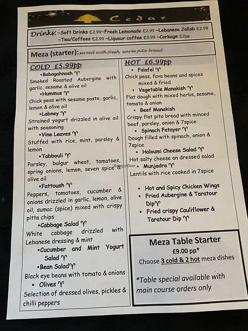 Starters menu  at Cedar Lebanese Restaurant in Londonderry