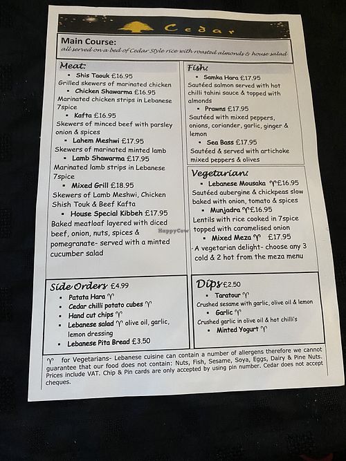 Mains menu  at Cedar Lebanese Restaurant in Londonderry