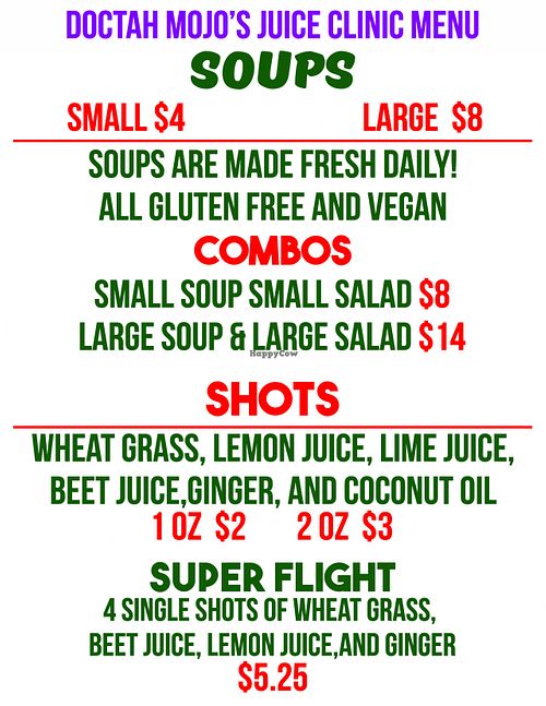 Menu at Doctah Mojo's Juice Clinic in Atlanta