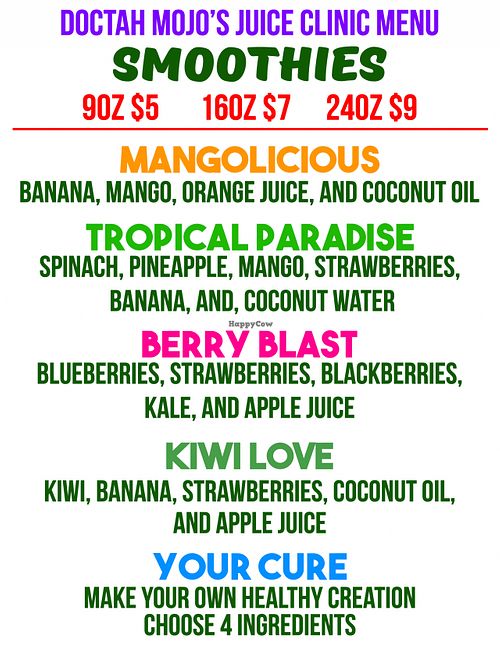 menu at Doctah Mojo's Juice Clinic in Atlanta