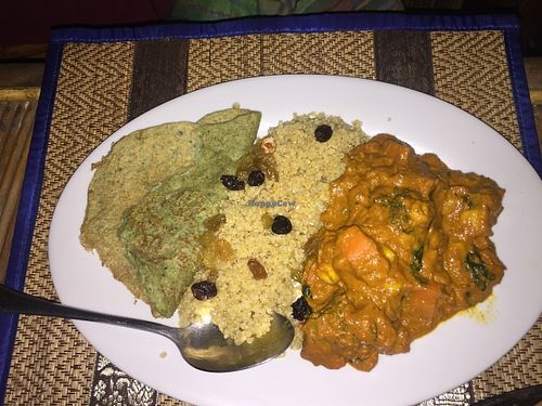 Coconut curry with Quinoa and bean shoot dosa at Pachamama in Sihanoukville