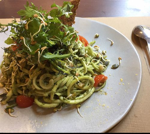 zucchini pesto noodles at Petit Brot - Cold Press Raw Eco in Barcelona