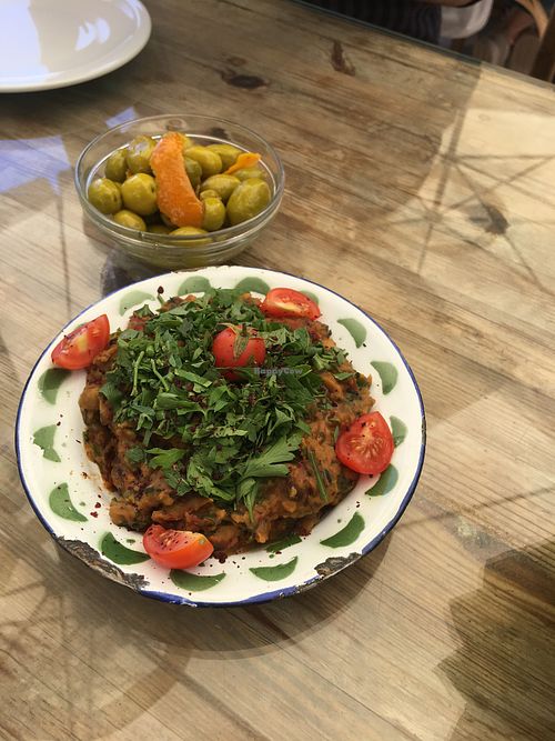 Foul with marinated zeitun achbar  at Shams El Balad Cafe in Amman