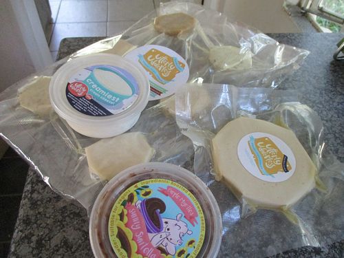Some of the vegan cheeses and spreads by Utterly Udderless, a Purple Myrtle Vegans exclusive. at Purple Myrtle Vegans in Johannesburg