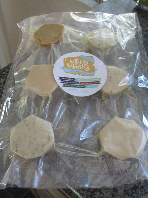 Don't know which cheese to choose? Try the cheese platter to decide which is/are your favorites. From top left to bottom right: Parmesan, Mozzarella & Chives, Sharp White Cheddar, Sun-dried tomato & Basil, Mozzarella & Italian herbs and Camembert. at Purple Myrtle Vegans in Johannesburg