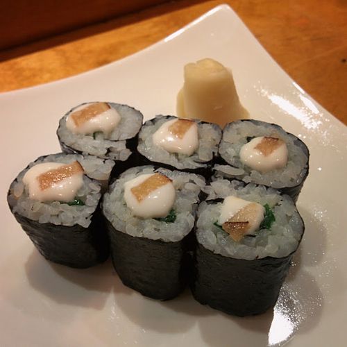 Garlic chive maki with vegan mayo and pickled pear.  at Arami in Chicago