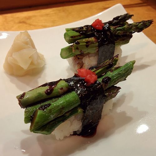 Asparagus nigiri with sweet soy sauce and red pickled ginger.  at Arami in Chicago