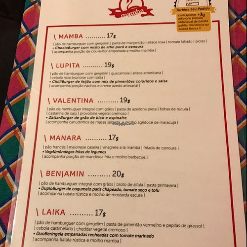 Menu - burgers at Mamba Vegan in Curitiba