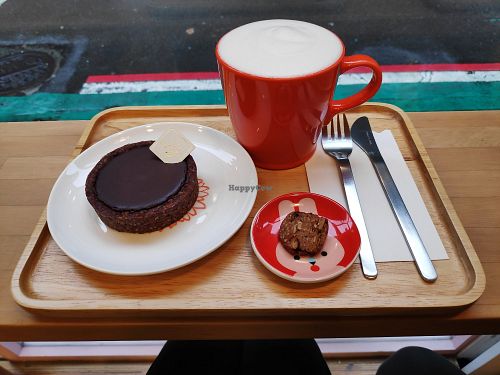 Chocolate tart and ginger soy milk ❤️ at Vegan Heaven in Taipei