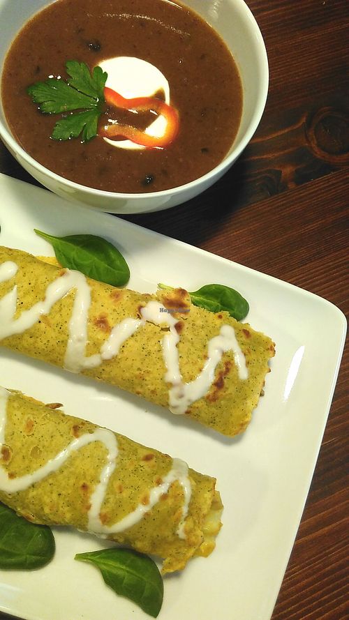 Slow-cooked bean soup with vegan sour cream
Vegetables-stuffed pancake at Slow Foodiez in Budapest