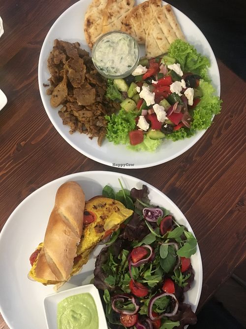 Tofu Frittata Sandwich plate and Greek plate at Slow Foodiez in Budapest