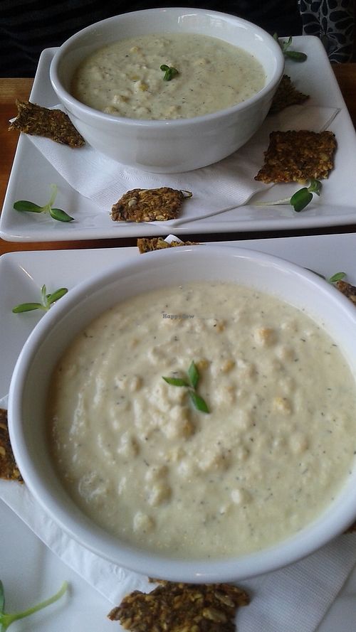 almond based corn chowder with raw crackers at Right Path Organic Cafe in New London