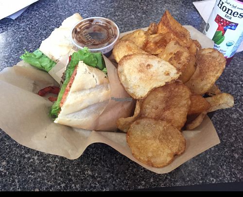 Vegan Porta Bella Bella sandwich with cinnamon sugar chips! at Chipwrecked in Pismo Beach