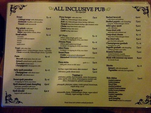 Menu at All Inclusive Pub in Bratislava