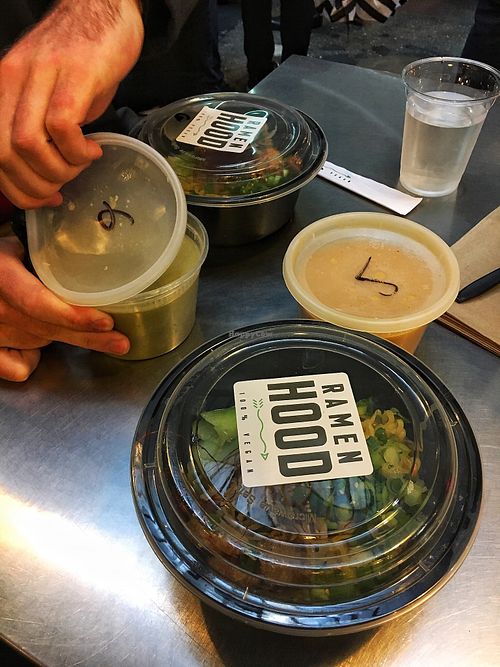 Spicy and garlic ramen carry out  at Ramen Hood in Los Angeles