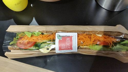 Big vegan cheese sandwich with vegetables and vegan mayo. May 2016 at Bio Station in Antwerpen