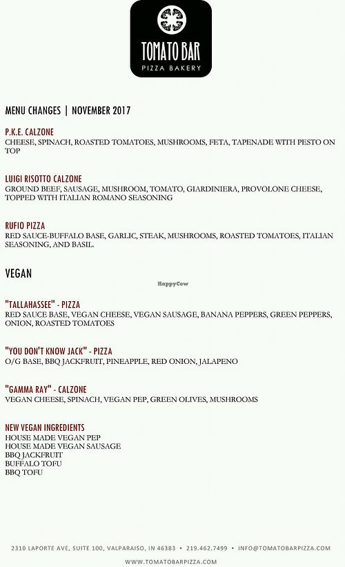 Vegan Menu is updated with more options as of Nov. 2017 at Tomato Bar Pizza Bakery in Schererville