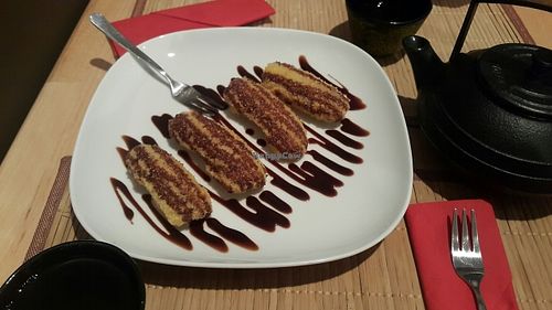 That banana desert is soooo good at Edamame Vegan Sushi in Warsaw