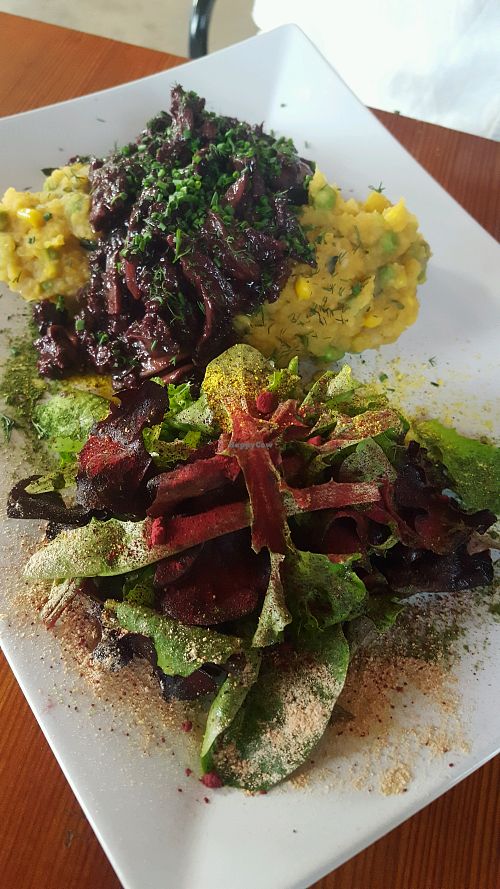 charquican Smokey mushrooms and soy curls with potato squash mash and salad at Epif in Portland