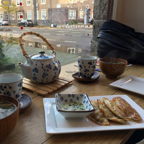 vegan gyoza and miso soup at ii Japanese Deli in Amstelveen