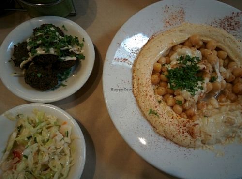 hummus with chuckpeas, cabbage salad appetiser, 5 falafel side at Oren's Hummus in Palo Alto
