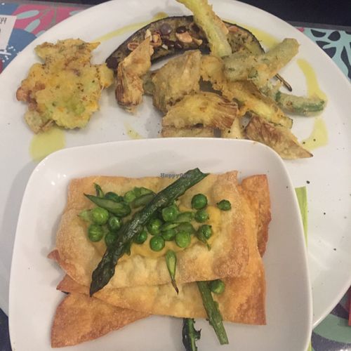 Asparagus-pees Lasagne with tempura veggies at Silvana Bio Vegan Food  in Florence