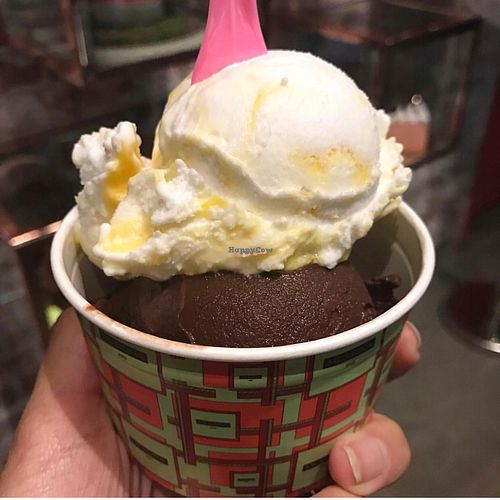 Chocolate Sorbet (bottom) Salted Coconut Mango Sorbet (top)  at Gelato Messina in Las Vegas