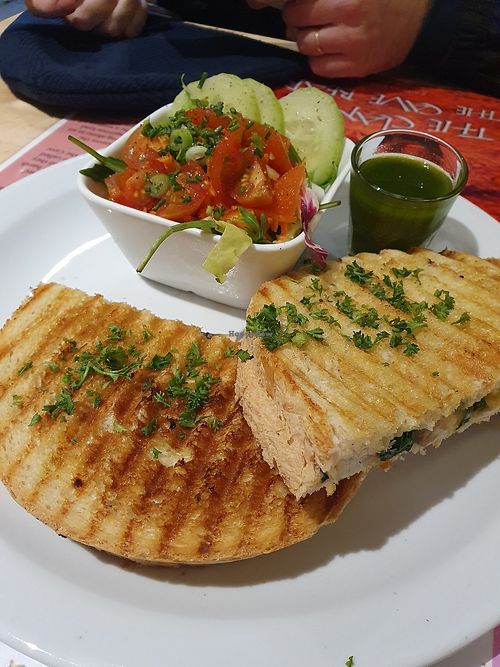 The XL mushroom toast, delicious! With pesto sauce and salad for 15,50€ at Books & Brunch in Bruges