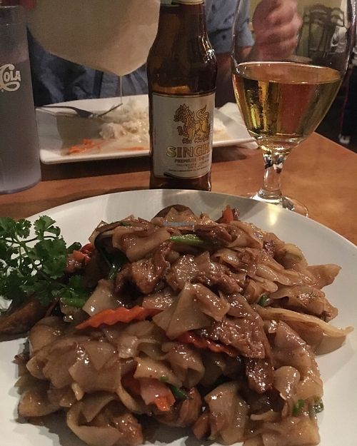 Spicy drunken noodle with mock duck. at Rim Talay in Oceanside
