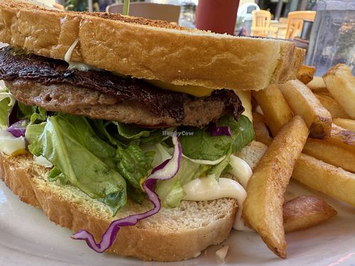 Impossible burger on sourdough bread.   at East West Cafe in Santa Rosa